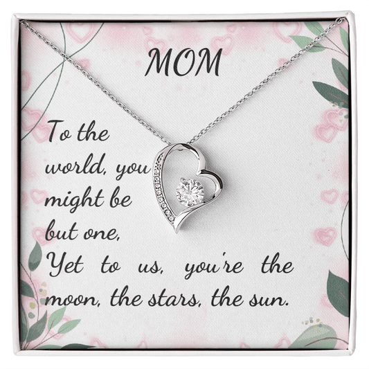 Forever Love Necklace for Mom with heart pendant and CZ crystal on floral background.