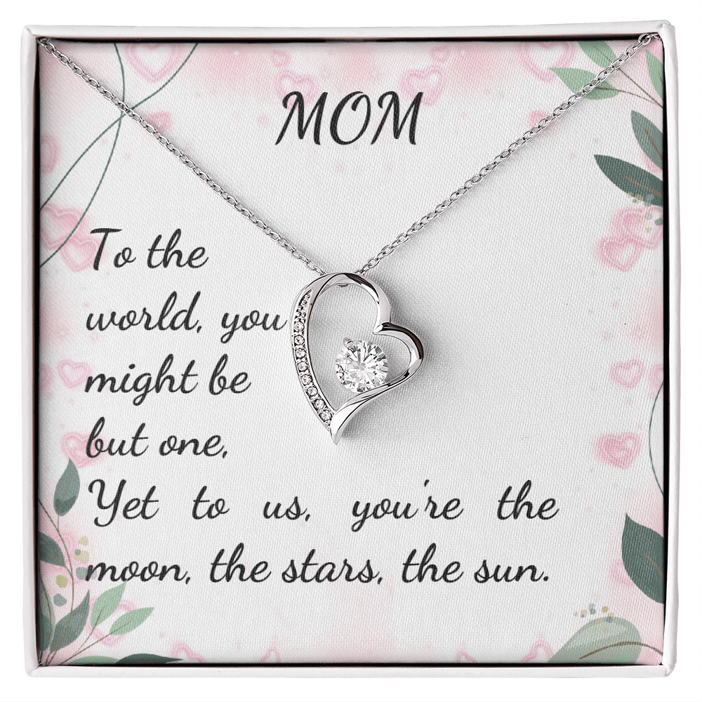Forever Love Necklace for Mom with heart pendant and CZ crystal on floral background.