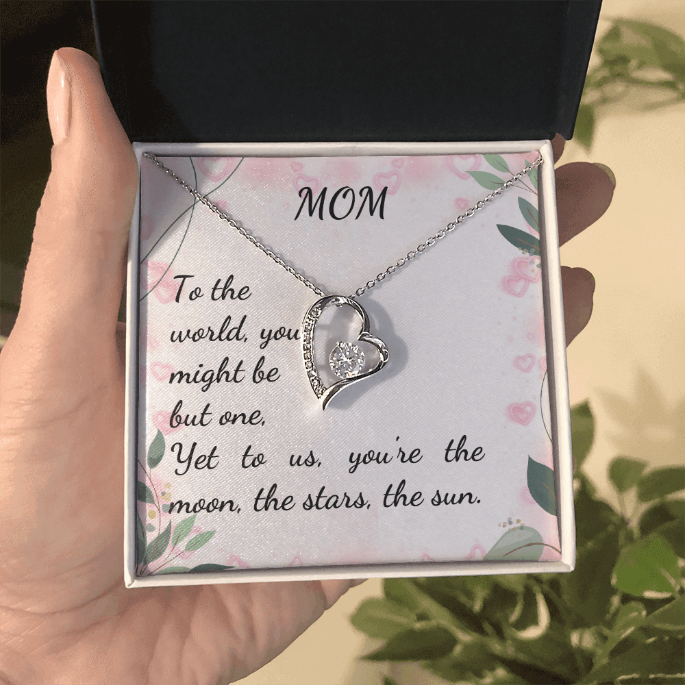 Forever Love Necklace in heart-shaped box, featuring a CZ crystal, with sentimental message for mom.