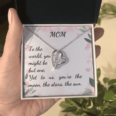 Forever Love Necklace in heart-shaped box, featuring a CZ crystal, with sentimental message for mom.