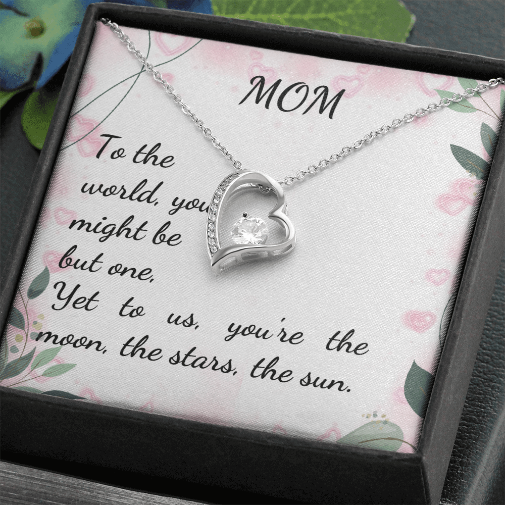 Forever Love Necklace for Mom featuring heart pendant with CZ crystal, displayed in a decorative box with heartfelt message.