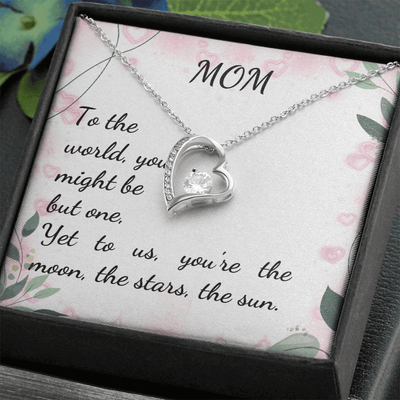 Forever Love Necklace for Mom featuring heart pendant with CZ crystal, displayed in a decorative box with heartfelt message.
