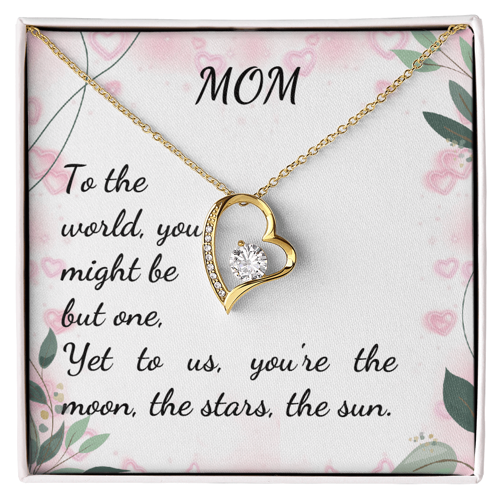 Heart-shaped necklace with CZ crystal in gift box, inscribed for mom, symbolizing love and appreciation.