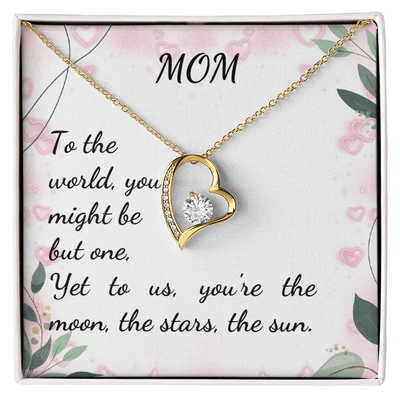 Heart-shaped necklace with CZ crystal in gift box, inscribed for mom, symbolizing love and appreciation.