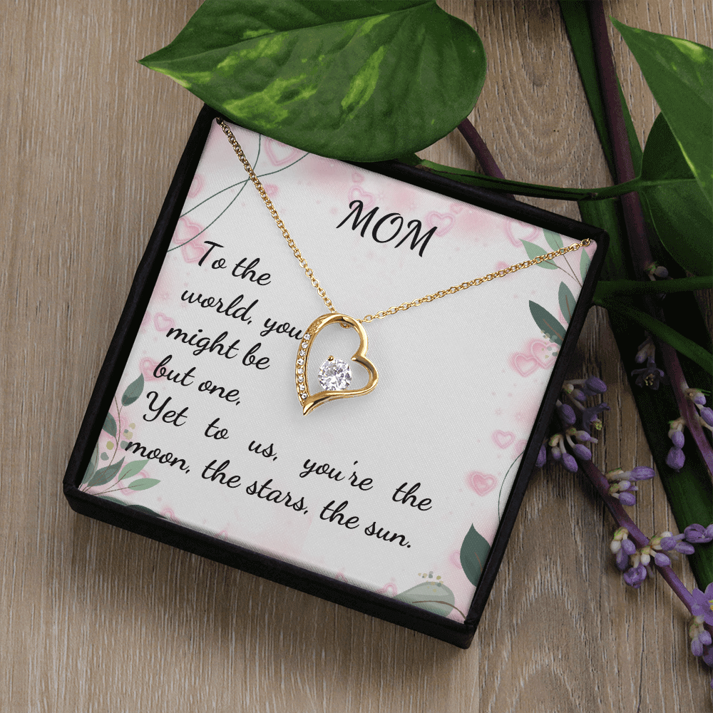 Forever Love Necklace for Mom featuring a heart pendant and crystal, beautifully displayed in a gift box.