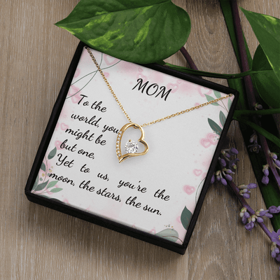 Forever Love Necklace for Mom featuring a heart pendant and crystal, beautifully displayed in a gift box.