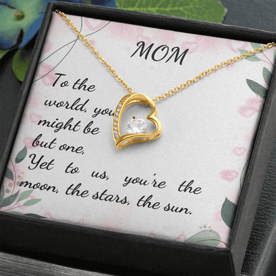 Forever Love Necklace featuring a heart pendant with CZ crystal on a floral background with a touching message for Mom.