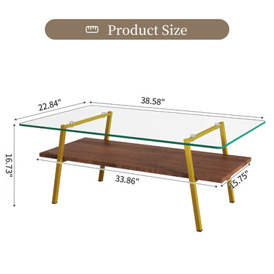 Rectangle coffee table dimensions: 38.58"L x 22.84"W x 16.73"H, tempered glass top with gold metal legs.
