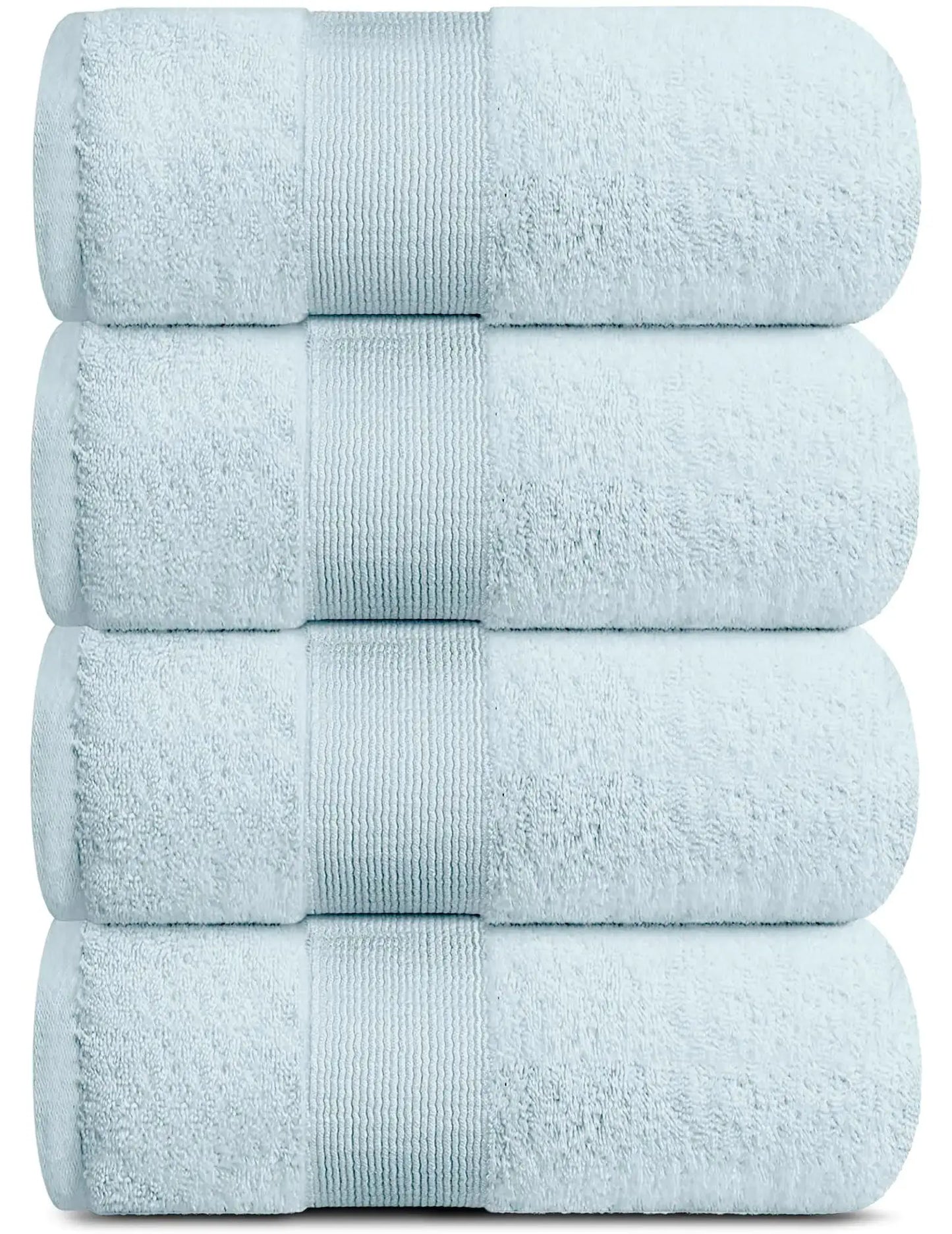 4 Pack Resort Collection Soft Bath Towels in Light Blue, 28x55 inches, luxurious and plush cotton fabric.