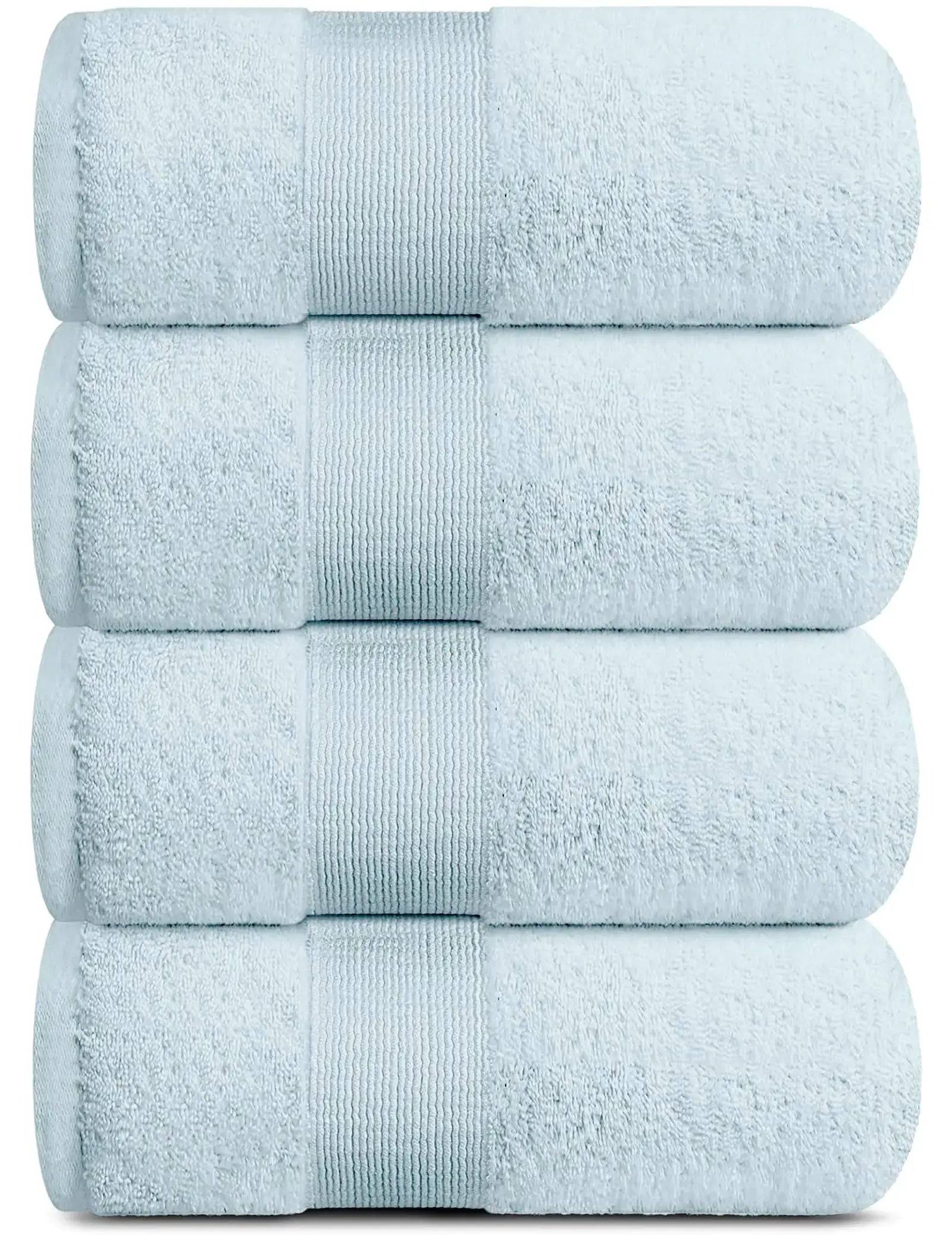 4 Pack Resort Collection Soft Bath Towels in Light Blue, 28x55 inches, luxurious and plush cotton fabric.