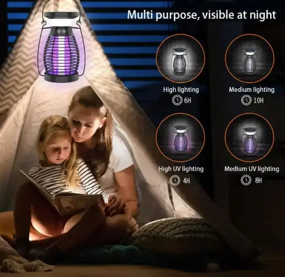 Chic Electric Mosquito Zapper in a cozy tent setting, providing illumination and mosquito control for a comfortable environment.
