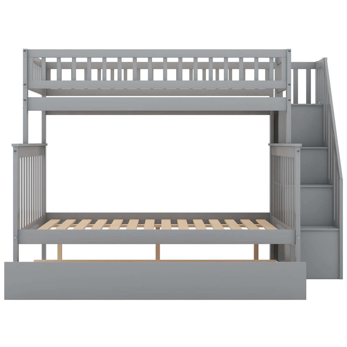Twin over full gray bunk bed with trundle and staircase, crafted from solid pine wood, ideal for space-saving and storage.