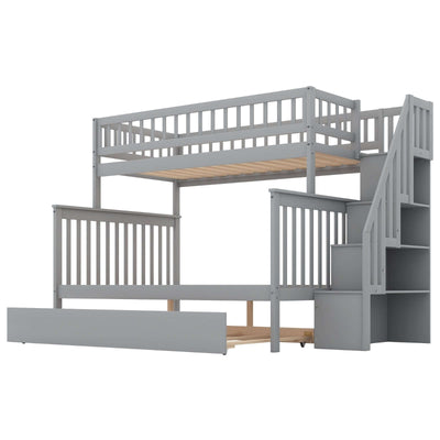 Twin over full bunk bed in gray with trundle and staircase for efficient space-saving in children's rooms.