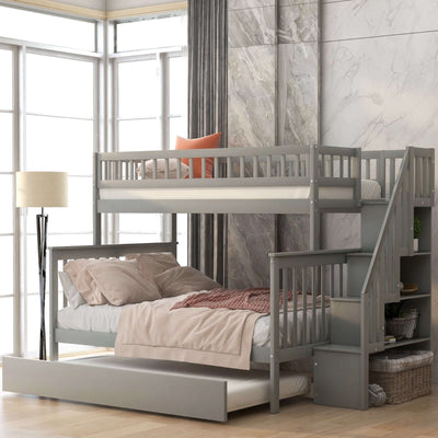 Twin over full bunk bed with trundle and staircase in gray, perfect for space-saving and stylish bedroom decor.