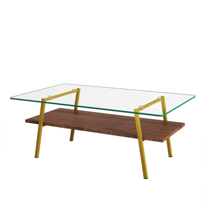 Rectangle coffee table with tempered glass top and gold metal legs, modern design for living room furniture.