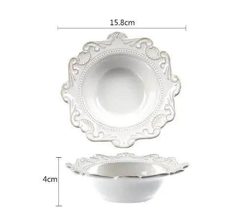 Elegant Baroque white porcelain bowl with intricate design, measuring 15.8cm wide and 4cm deep, perfect for dining.