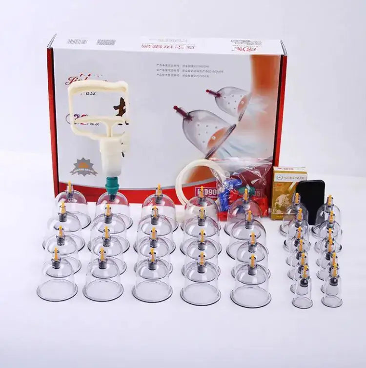 Suction Therapy Cupping Set with vacuum device and multiple cups for pain relief and relaxation.
