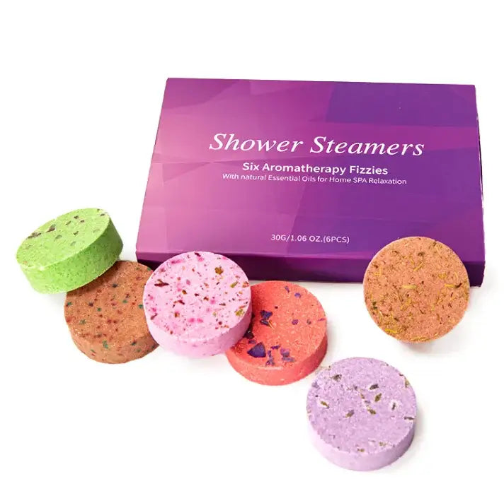 Essential Oil Aromatherapy Bath Tablets Set with colorful shower steamers, promoting relaxation and home spa experience.