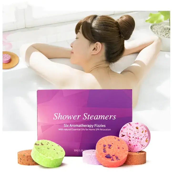 Essential Oil Aromatherapy Bath Tablets set with six fizzy shower steamers for relaxation and wellness.