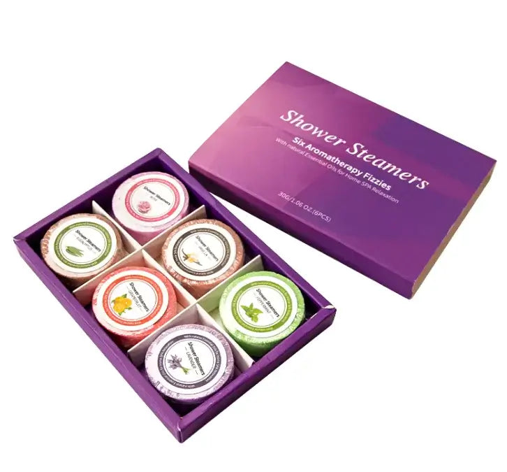 Essential oil aromatherapy shower steamers set with six fizzies for a relaxing bath experience.