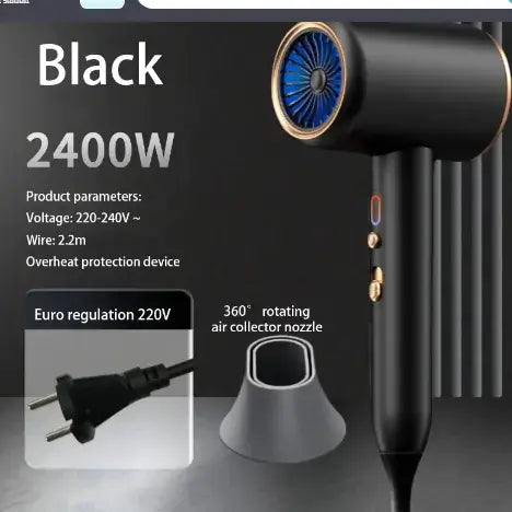 F33 Elite 2400W hair dryer with black design, 360° rotating nozzle, and overheat protection for fast drying.