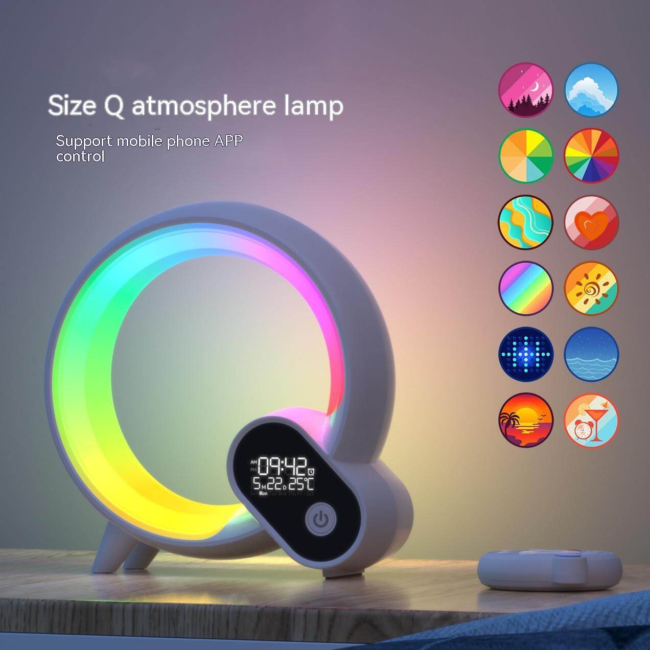 Colorful Size Q atmosphere lamp with digital display and mobile app control for dynamic lighting effects.