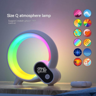 Colorful Size Q atmosphere lamp with digital display and mobile app control for dynamic lighting effects.