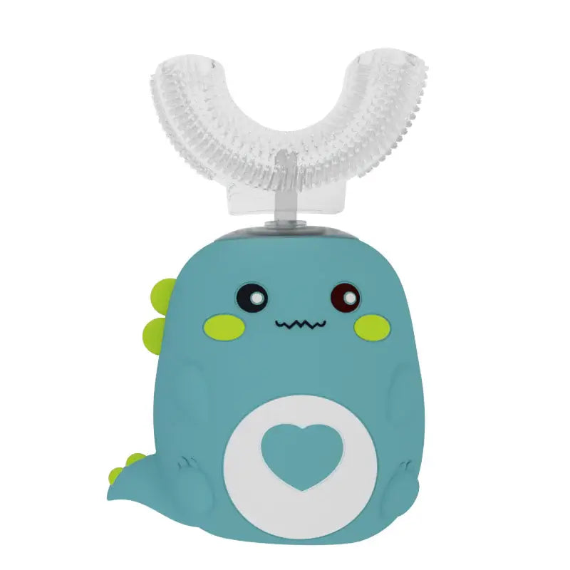 Kids' U-shaped electric toothbrush designed as a cute, teal dinosaur for fun oral hygiene.