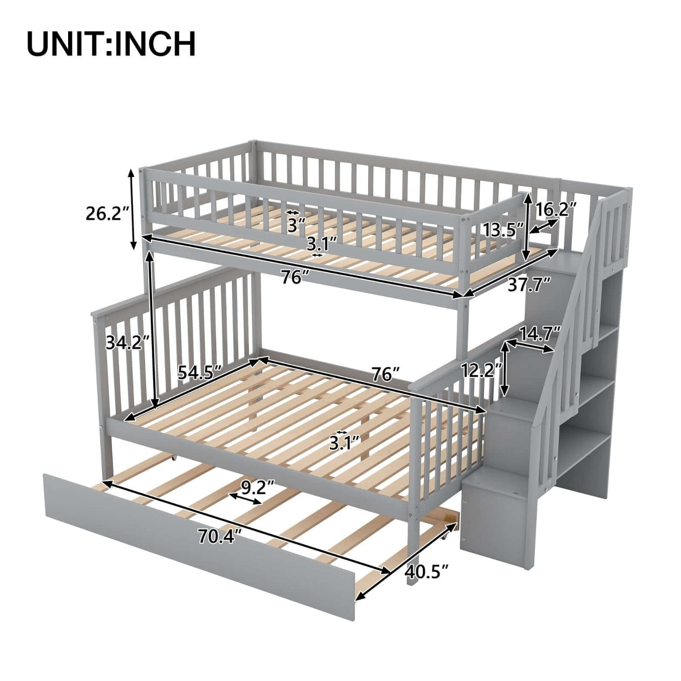 Twin over full bunk bed with trundle and staircase dimensions in gray. Space-saving design made of solid pine wood.