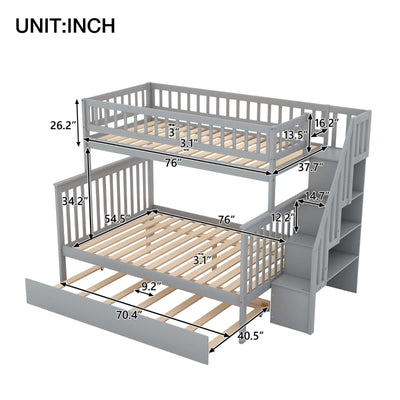 Twin over full bunk bed with trundle and staircase dimensions in gray. Space-saving design made of solid pine wood.
