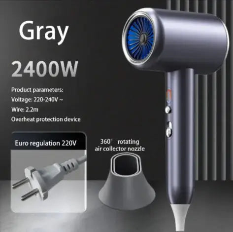 Gray 2400W hair dryer with 360° rotating nozzle for efficient drying and overheat protection feature.