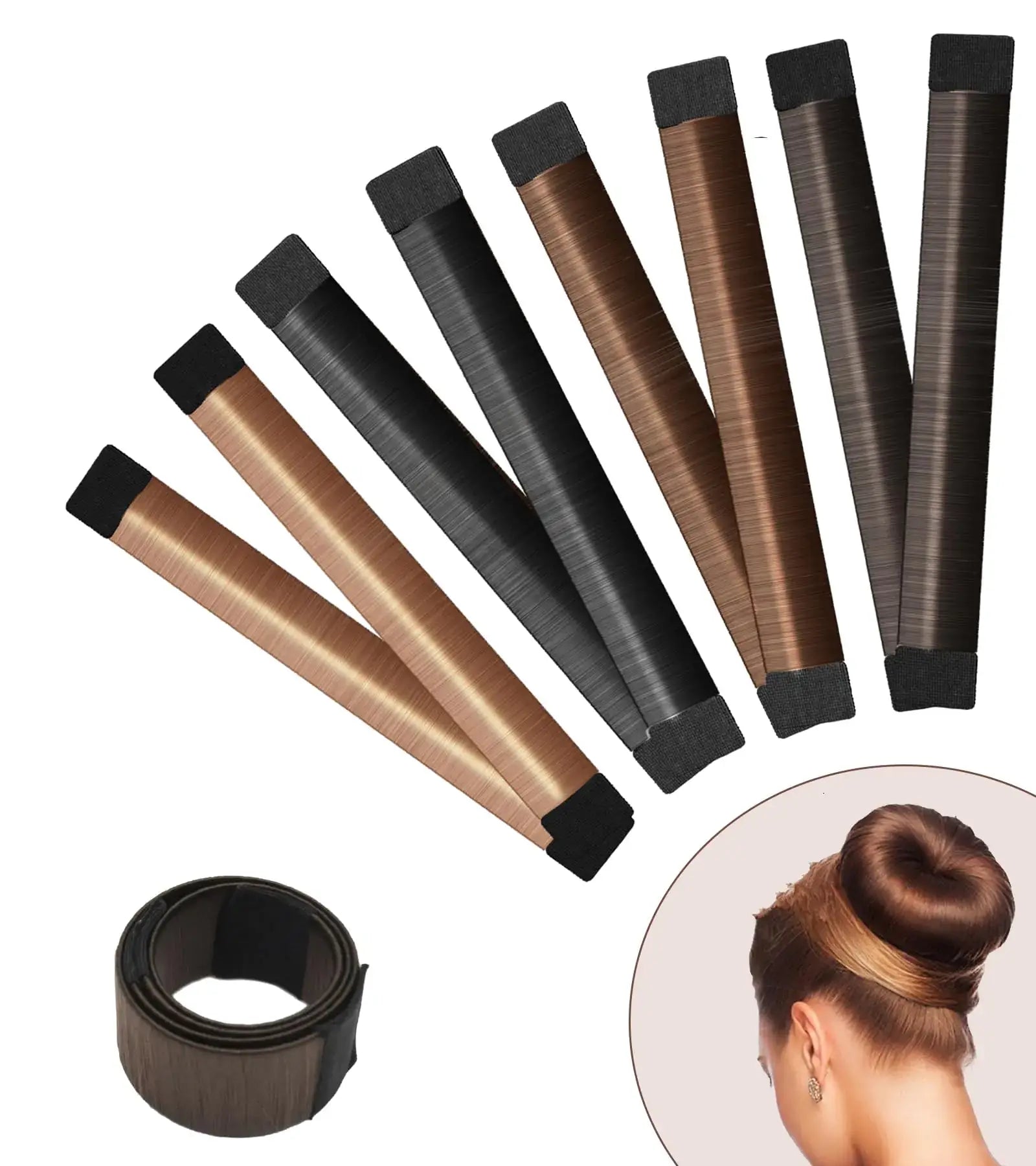 Set of 8 hair bun makers in various colors for easy DIY hairstyles, featuring a sleek bun on a model.