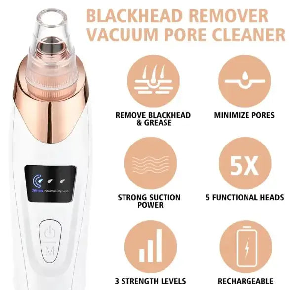 Electric blackhead remover vacuum pore cleaner with various suction levels and functional heads for clear skin.