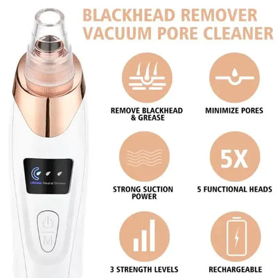 Electric blackhead remover vacuum pore cleaner with various suction levels and functional heads for clear skin.