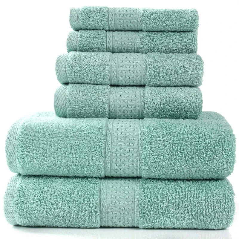 Home simple cotton absorbent towel bath towel 6-piece set in calming teal color stacked neatly.