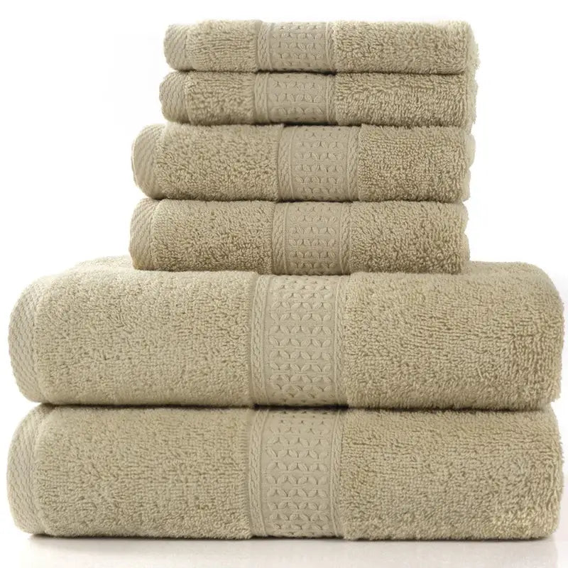 Home Simple Cotton Absorbent Bath Towel Set with 6 solid color towels stacked neatly.
