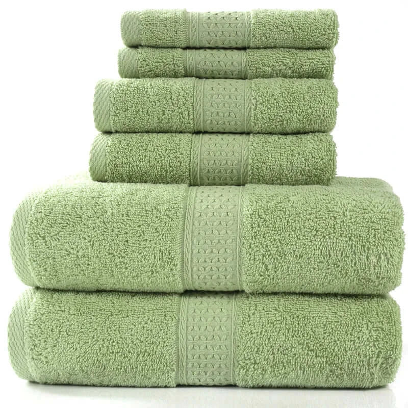 Home Simple Cotton Absorbent Towel Bath Towel 6-Piece Set in grass green color stacked neatly.