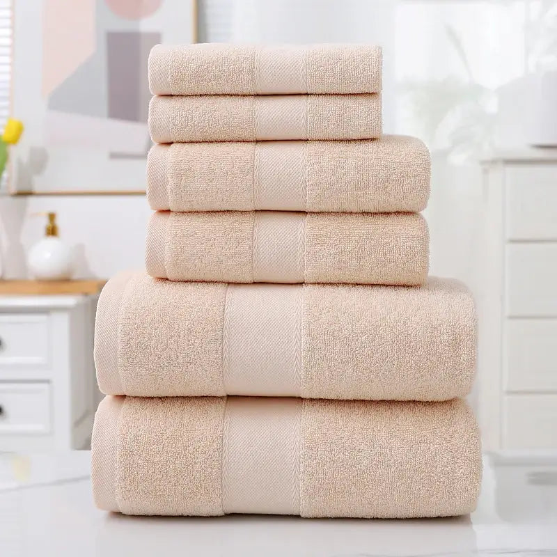 Home Simple Cotton Absorbent Towel Bath Towel 6-Piece Set in a soft beige color stacked neatly.