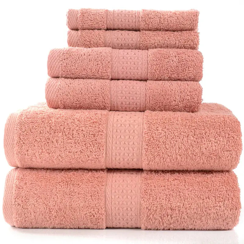 Home Simple Cotton Absorbent Towel Bath Towel 6-Piece Set in soft peach color, showcasing various towel sizes stacked neatly.
