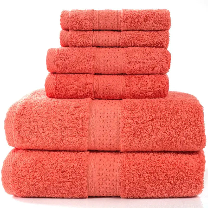 Home simple cotton absorbent towel set in coral color, featuring six pieces stacked neatly.