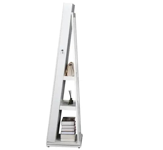 White swivel jewelry showcase mirror with storage shelves and sleek design for organizing accessories.