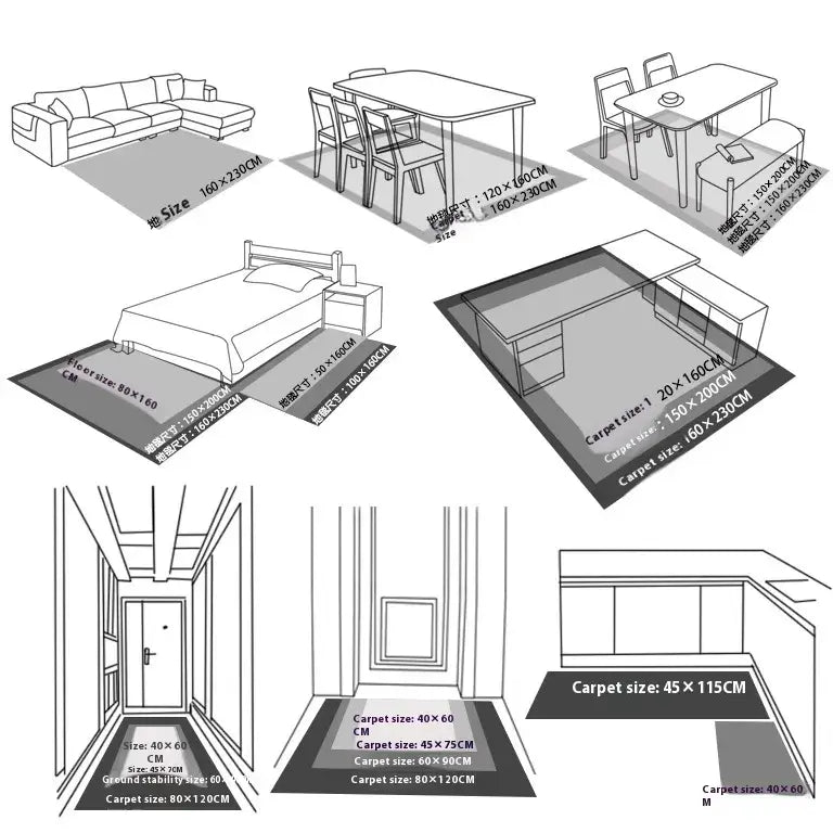 Size guide for Chic Gray Abstract Mat showcasing dimensions for various room setups and carpet sizes.