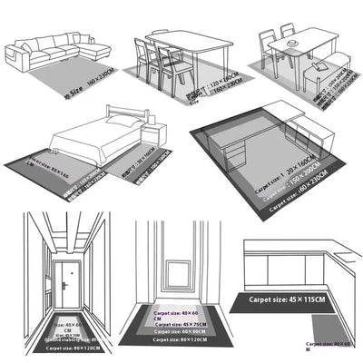 Size guide for Chic Gray Abstract Mat showcasing dimensions for various room setups and carpet sizes.