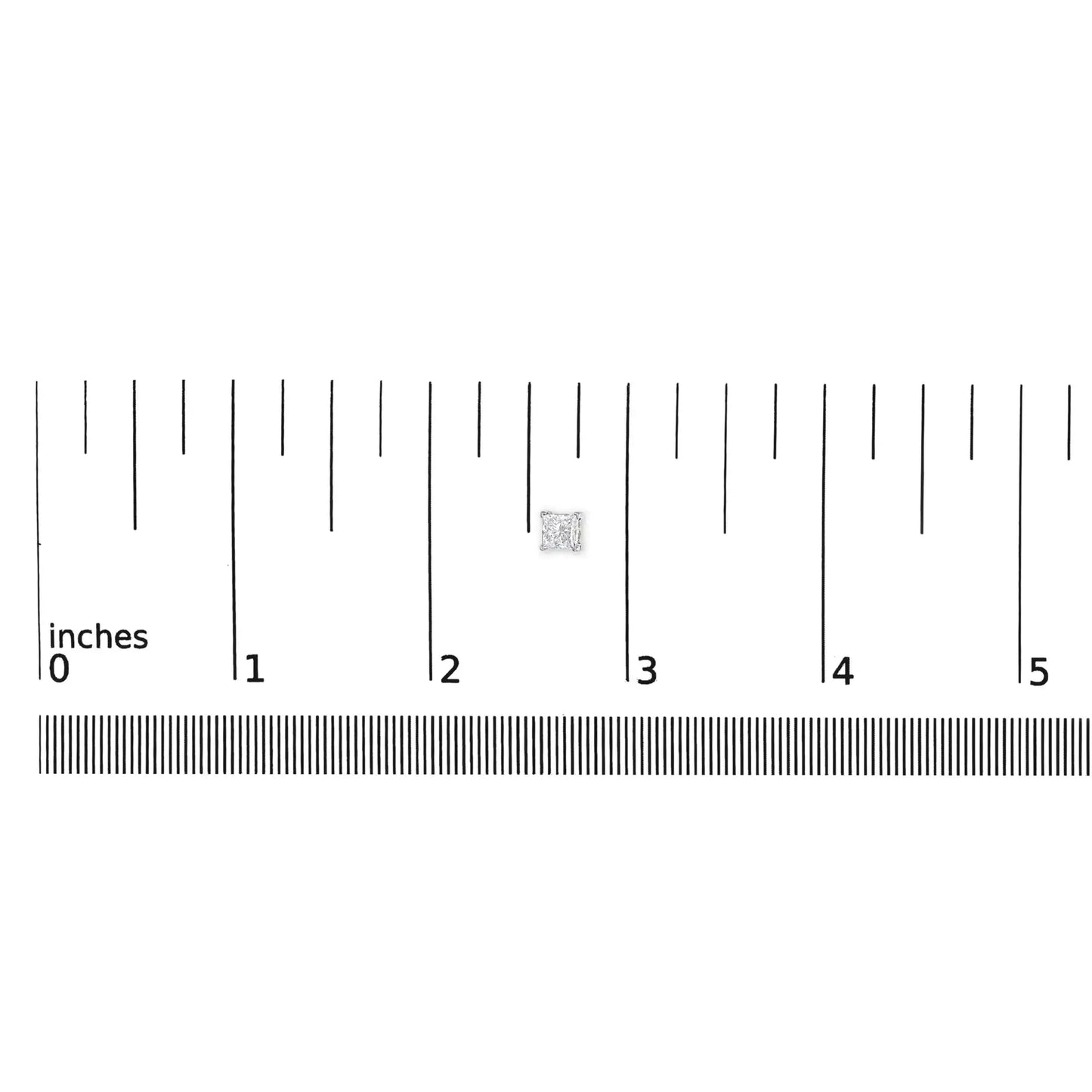 Close-up of a small princess cut diamond next to a ruler for size reference.