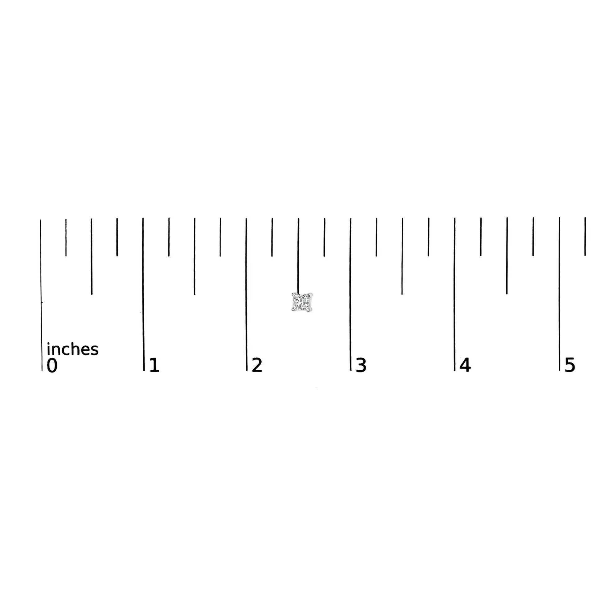 14K white gold princess cut lab-grown diamond stud earring measuring with a ruler, showcasing its size and brilliance.