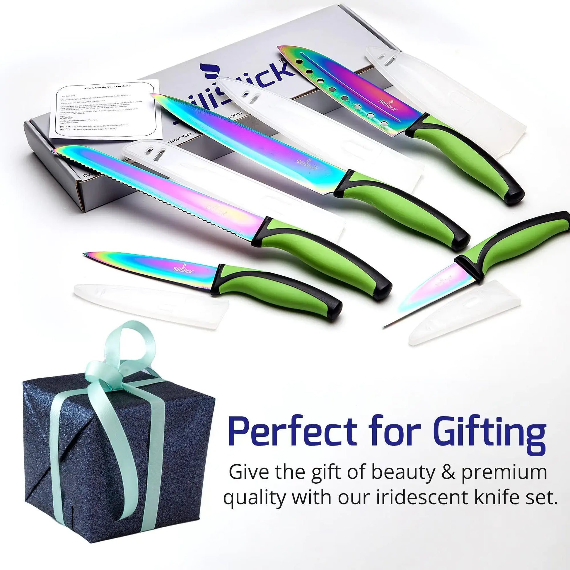 Colorful 5-piece kitchen knife set displayed with a gift box, showcasing premium quality and beauty.