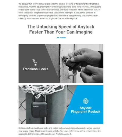 Comparison of traditional locks and Anylock fingerprint padlock showcasing unlocking speed.