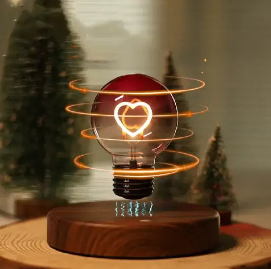 Magnetic suspension bulb night lamp with heart design floating and spinning, providing warm ambient light.