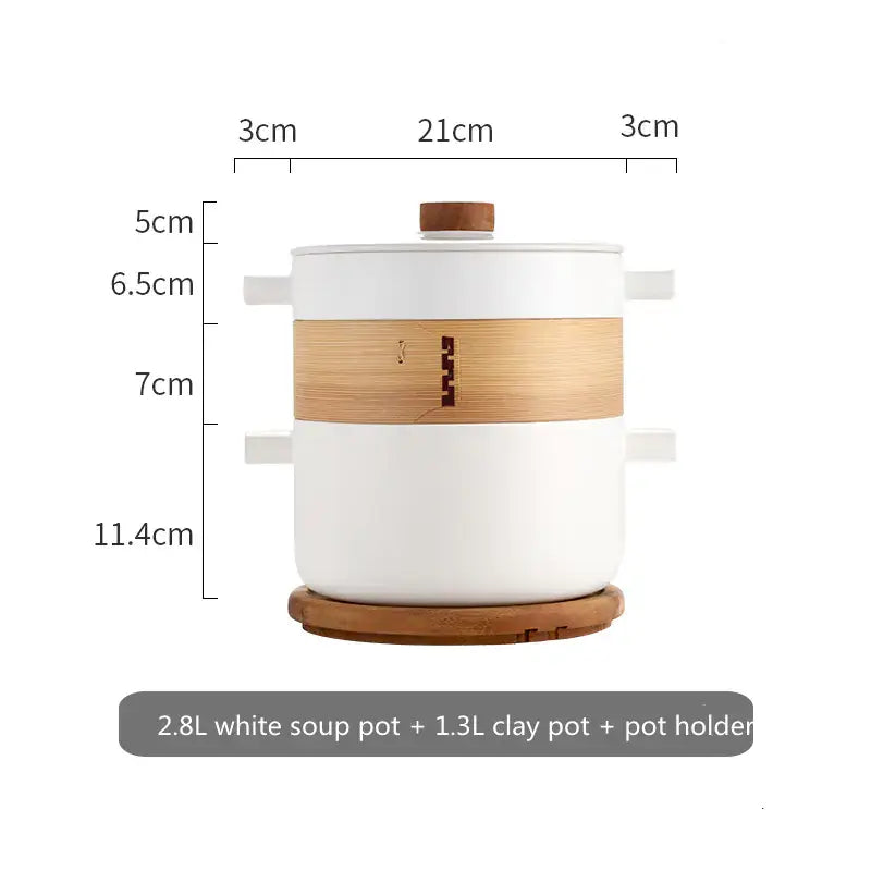 Morandi high-temperature porcelain casserole with wooden accents and pot holder, ideal for soup and porridge preparation.