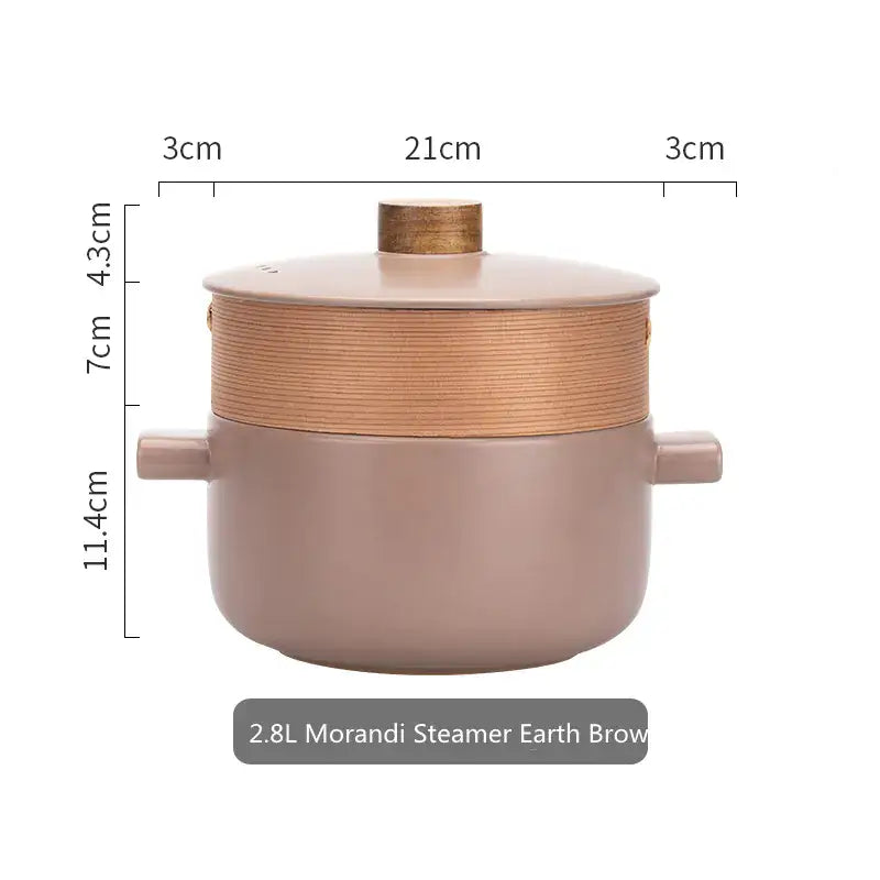 Morandi high-temperature porcelain casserole pot in earth brown, featuring a steamer and elegant design for versatile cooking.